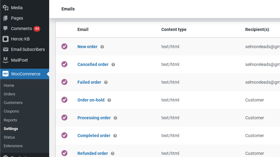 Screenshot with the list of default email on WooCommerce 