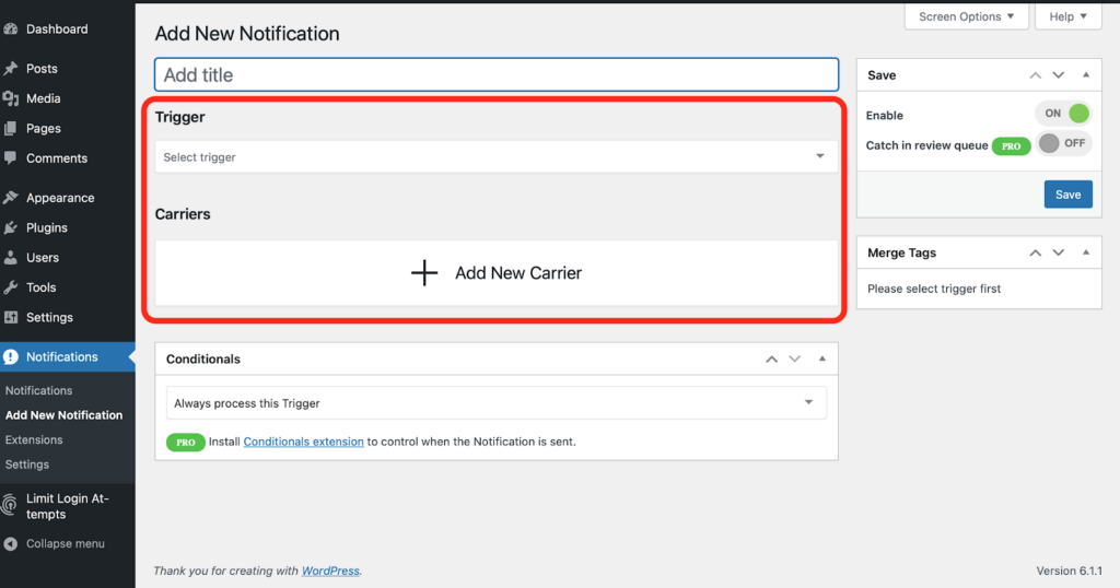 Configuring Notification Plugin by adding notifications Triggers and Carriers.