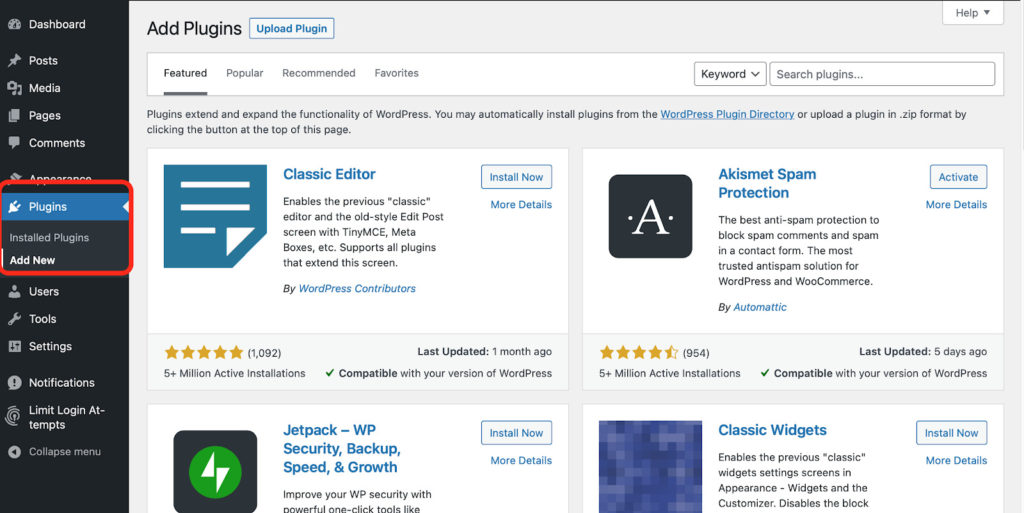 WordPress admin dashboard, Plugins menu item in the sidebar.