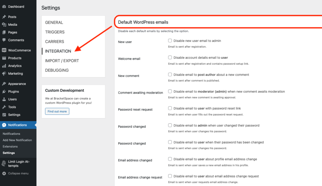 Notification Plugin settings – disabling default WordPress email notifications.