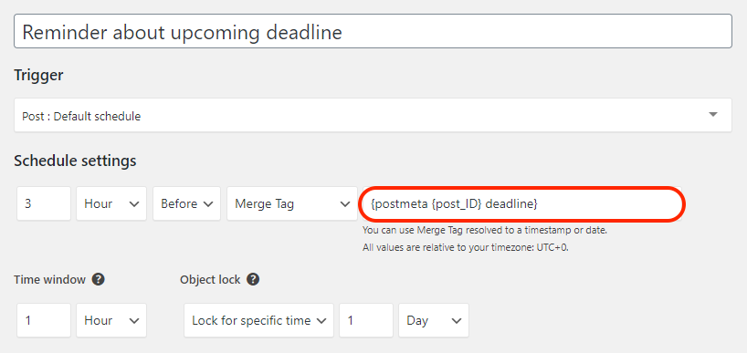 Using Custom Fields Extension for custom merge tags in schedule settings.