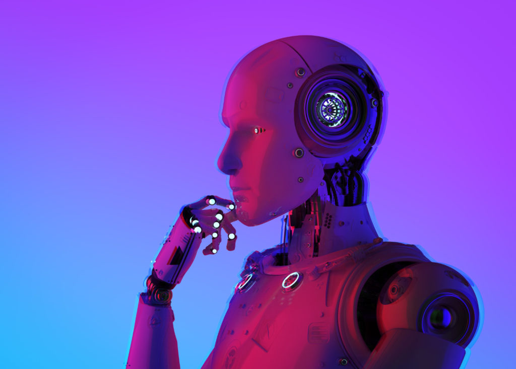 A robot with the attitude of a thinker, maybe about AI on a purple and pink background 