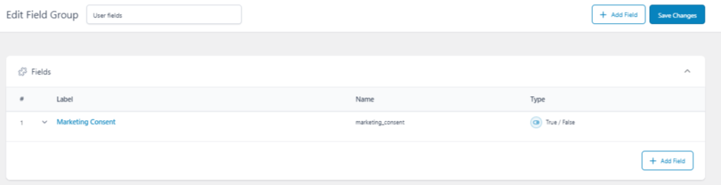 ACF dashboard setting new user fields 