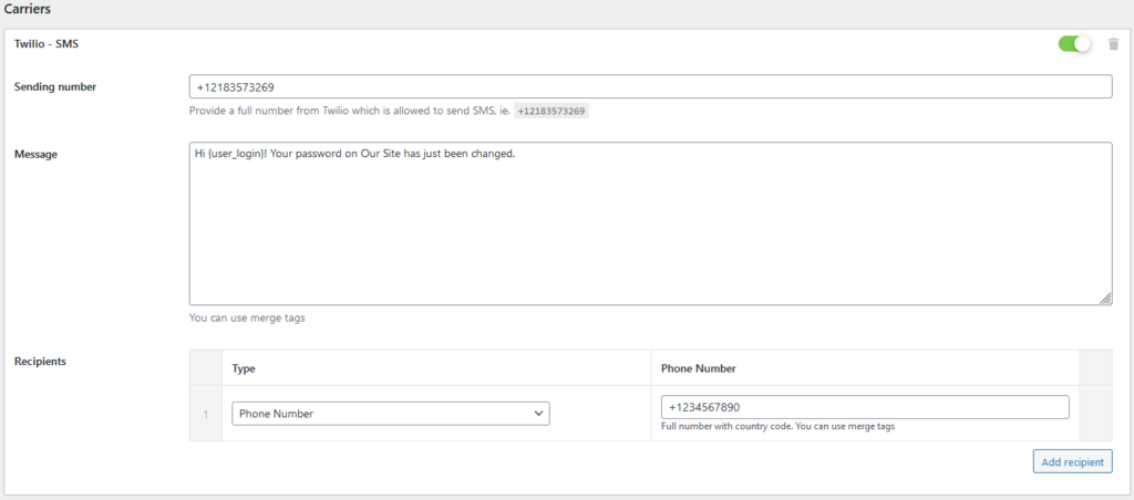 SMS for WordPress password resets?